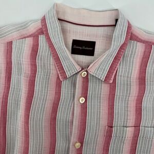 Tommy Bahama Shirt Mens XL Red Pink Striped 100% Linen Short Sleeve Button Front